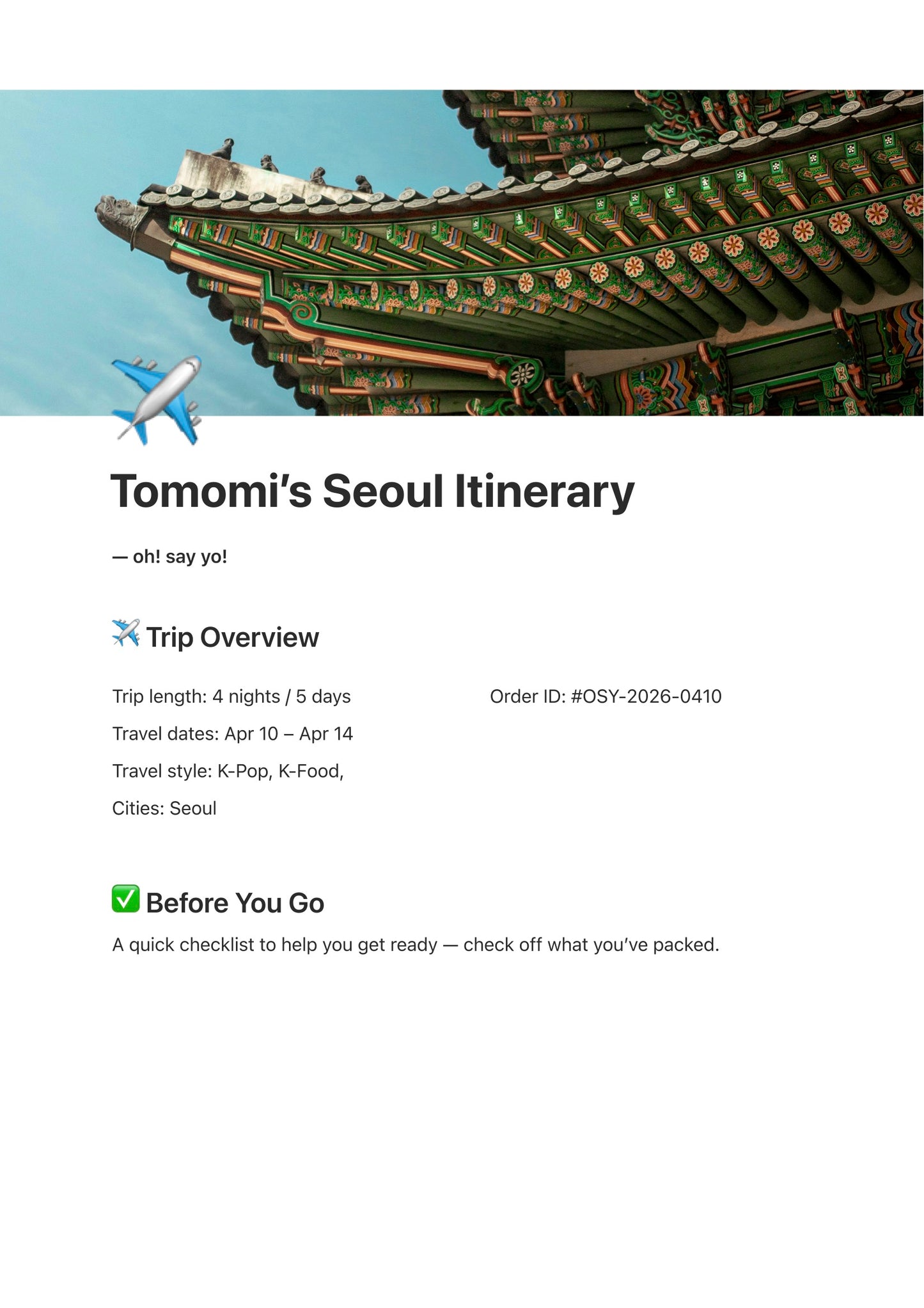 Korea Travel Itinerary Planning – Per Night